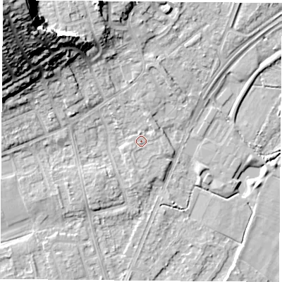 Shaded relief map of the ground around NG95JD, computed from Environment Agency LiDAR. The ground here sits at about 29 m above sea level and falls 32 m across the surrounding 800 m. Surface water reaching this point runs off ground lying to the south-south-west, 0.8 m higher.