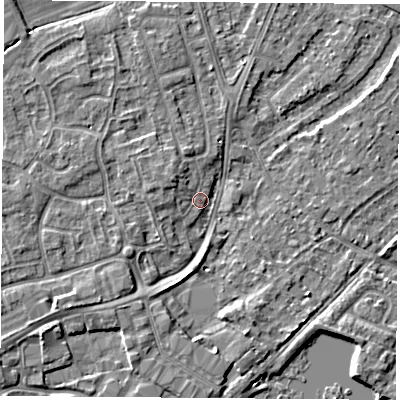 Shaded relief map of the ground around NG95JH, computed from Environment Agency LiDAR. The ground here sits at about 28 m above sea level and falls 4 m across the surrounding 800 m. Surface water reaching this point runs off ground lying to the north-west, 3.3 m higher.
