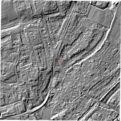 Shaded relief map of the ground around NG96AA, computed from Environment Agency LiDAR. The ground here sits at about 28 m above sea level and falls 4 m across the surrounding 800 m. Surface water reaching this point runs off ground lying to the north-west, 1.2 m higher.