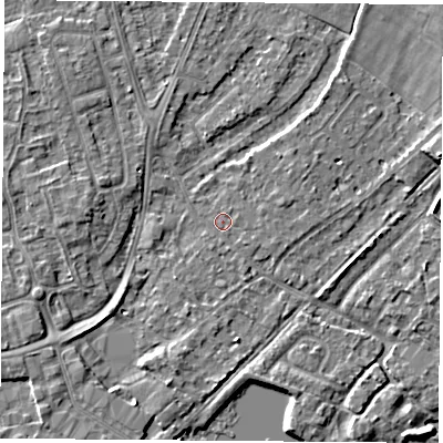 Shaded relief map of the ground around NG96AB, computed from Environment Agency LiDAR. The ground here sits at about 28 m above sea level and falls 5 m across the surrounding 800 m. Surface water reaching this point runs off ground lying to the south-east, 0.9 m higher.