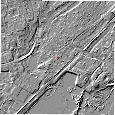 Shaded relief map of the ground around NG96AD, computed from Environment Agency LiDAR. The ground here sits at about 28 m above sea level and falls 4 m across the surrounding 800 m. Surface water reaching this point runs off ground lying to the south-west, 1.7 m higher.
