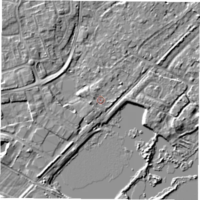 Shaded relief map of the ground around NG96AE, computed from Environment Agency LiDAR. The ground here sits at about 28 m above sea level and falls 5 m across the surrounding 800 m. Surface water reaching this point runs off ground lying to the east-south-east, 1.0 m higher.