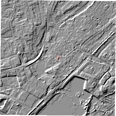 Shaded relief map of the ground around NG96AF, computed from Environment Agency LiDAR. The ground here sits at about 28 m above sea level and falls 4 m across the surrounding 800 m. Surface water reaching this point runs off ground lying to the south-south-east, 0.7 m higher.