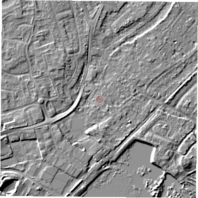 Shaded relief map of the ground around NG96AH, computed from Environment Agency LiDAR. The ground here sits at about 27 m above sea level and falls 5 m across the surrounding 800 m. Surface water reaching this point runs off ground lying to the south-west, 2.6 m higher.