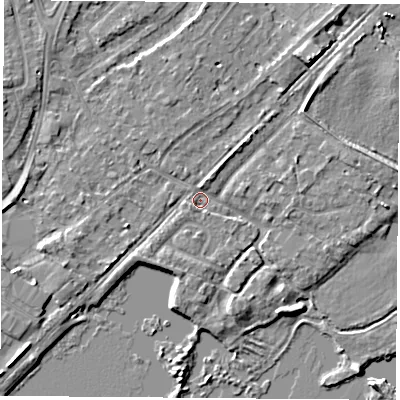 Shaded relief map of the ground around NG96AL, computed from Environment Agency LiDAR. The ground here sits at about 27 m above sea level and falls 5 m across the surrounding 800 m. Surface water reaching this point runs off ground lying to the south-west, 2.4 m higher.