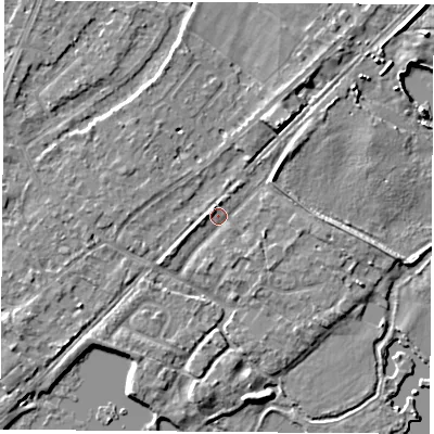 Shaded relief map of the ground around NG96AN, computed from Environment Agency LiDAR. The ground here sits at about 27 m above sea level and falls 5 m across the surrounding 800 m. Surface water reaching this point runs off ground lying to the south, 2.3 m higher.
