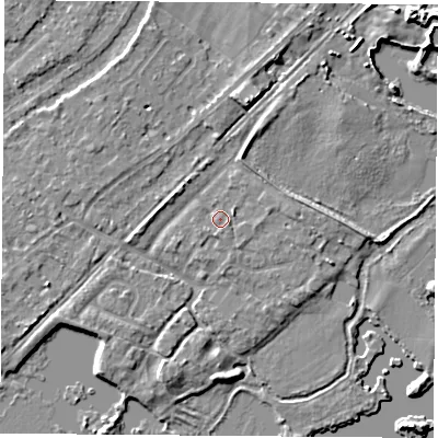 Shaded relief map of the ground around NG96AP, computed from Environment Agency LiDAR. The ground here sits at about 27 m above sea level and falls 7 m across the surrounding 800 m. Surface water reaching this point runs off ground lying to the east-north-east, 1.3 m higher.