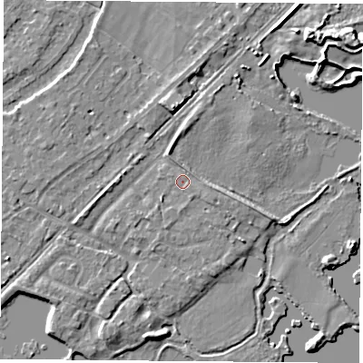Shaded relief map of the ground around NG96AQ, computed from Environment Agency LiDAR. The ground here sits at about 27 m above sea level and falls 7 m across the surrounding 800 m. Surface water reaching this point runs off ground lying to the south-west, 1.1 m higher.