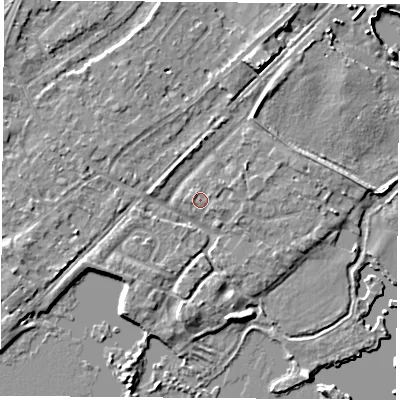 Shaded relief map of the ground around NG96AR, computed from Environment Agency LiDAR. The ground here sits at about 28 m above sea level and falls 5 m across the surrounding 800 m. Surface water reaching this point runs off ground lying to the north-north-west, 0.8 m higher.