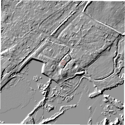 Shaded relief map of the ground around NG96AS, computed from Environment Agency LiDAR. The ground here sits at about 28 m above sea level and falls 4 m across the surrounding 800 m. Surface water reaching this point runs off ground lying to the south, 1.9 m higher.