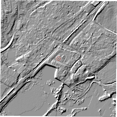 Shaded relief map of the ground around NG96AT, computed from Environment Agency LiDAR. The ground here sits at about 28 m above sea level and falls 5 m across the surrounding 800 m. Surface water reaching this point runs off ground lying to the west-south-west, 1.1 m higher.