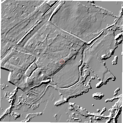Shaded relief map of the ground around NG96AU, computed from Environment Agency LiDAR. The ground here sits at about 27 m above sea level and falls 6 m across the surrounding 800 m. Surface water reaching this point runs off ground lying to the west-south-west, 0.6 m higher.