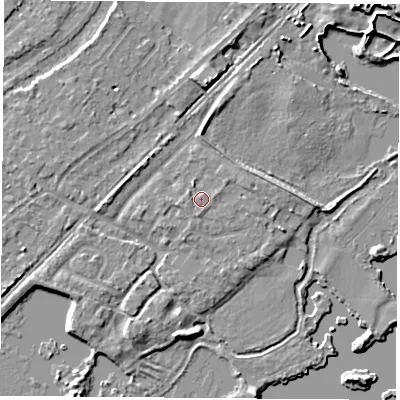 Shaded relief map of the ground around NG96AW, computed from Environment Agency LiDAR. The ground here sits at about 28 m above sea level and falls 7 m across the surrounding 800 m. Surface water reaching this point runs off ground lying to the west-north-west, 0.6 m higher.