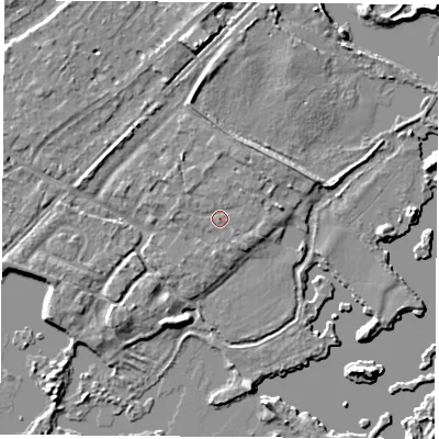 Shaded relief map of the ground around NG96AX, computed from Environment Agency LiDAR. The ground here sits at about 28 m above sea level and falls 5 m across the surrounding 800 m. Surface water reaching this point runs off ground lying to the north-north-east, 1.2 m higher.
