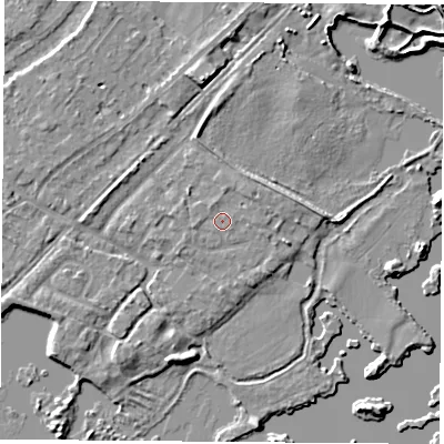 Shaded relief map of the ground around NG96AY, computed from Environment Agency LiDAR. The ground here sits at about 27 m above sea level and falls 6 m across the surrounding 800 m. Surface water reaching this point runs off ground lying to the north-east, 1.2 m higher.