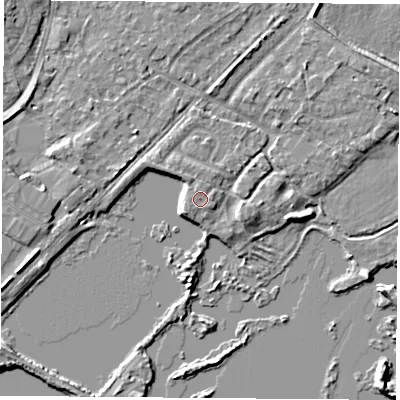 Shaded relief map of the ground around NG96AZ, computed from Environment Agency LiDAR. The ground here sits at about 28 m above sea level and falls 5 m across the surrounding 800 m. Surface water reaching this point runs off ground lying to the west-south-west, 0.6 m higher.