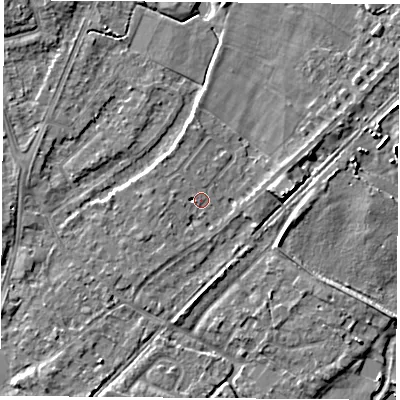 Shaded relief map of the ground around NG96BD, computed from Environment Agency LiDAR. The ground here sits at about 28 m above sea level and falls 5 m across the surrounding 800 m. Surface water reaching this point runs off ground lying to the west, 0.9 m higher.