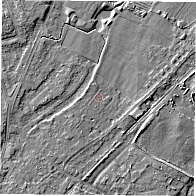 Shaded relief map of the ground around NG96BE, computed from Environment Agency LiDAR. The ground here sits at about 28 m above sea level and falls 5 m across the surrounding 800 m. Surface water reaching this point runs off ground lying to the north-west, 0.7 m higher.