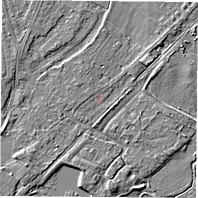 Shaded relief map of the ground around NG96BG, computed from Environment Agency LiDAR. The ground here sits at about 27 m above sea level and falls 5 m across the surrounding 800 m. Surface water reaching this point runs off ground lying to the south, 2.3 m higher.