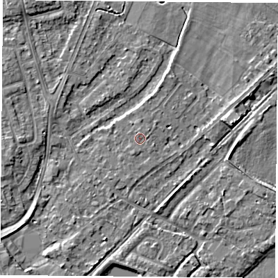 Shaded relief map of the ground around NG96BH, computed from Environment Agency LiDAR. The ground here sits at about 28 m above sea level and falls 5 m across the surrounding 800 m. The ground contributing surface water to this point lies to the north.