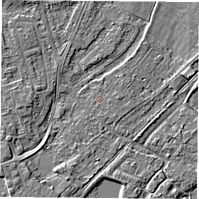 Shaded relief map of the ground around NG96BJ, computed from Environment Agency LiDAR. The ground here sits at about 28 m above sea level and falls 5 m across the surrounding 800 m. Surface water reaching this point runs off ground lying to the south, 0.8 m higher.