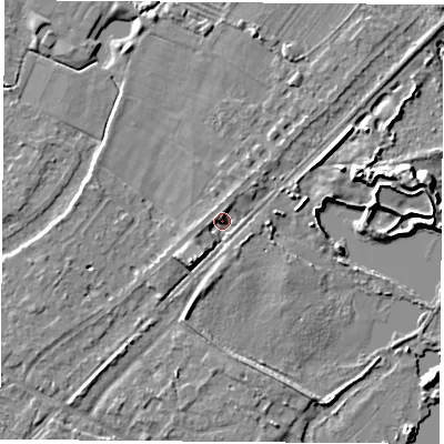 Shaded relief map of the ground around NG96BN, computed from Environment Agency LiDAR. The ground here sits at about 28 m above sea level and falls 7 m across the surrounding 800 m. Surface water reaching this point runs off ground lying to the east-north-east, 3.7 m higher.