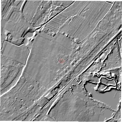Shaded relief map of the ground around NG96BP, computed from Environment Agency LiDAR. The ground here sits at about 28 m above sea level and falls 7 m across the surrounding 800 m. Surface water reaching this point runs off ground lying to the south-south-east, 1.1 m higher.