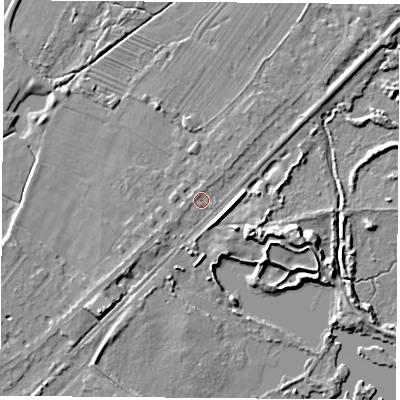 Shaded relief map of the ground around NG96BQ, computed from Environment Agency LiDAR. The ground here sits at about 27 m above sea level and falls 7 m across the surrounding 800 m. Surface water reaching this point runs off ground lying to the south-west, 0.9 m higher.
