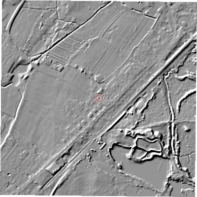 Shaded relief map of the ground around NG96BS, computed from Environment Agency LiDAR. The ground here sits at about 27 m above sea level and falls 7 m across the surrounding 800 m. Surface water reaching this point runs off ground lying to the south-east, 1.0 m higher.
