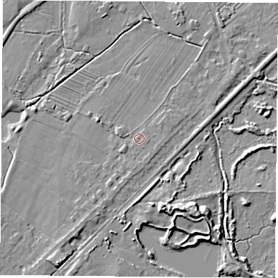 Shaded relief map of the ground around NG96BT, computed from Environment Agency LiDAR. The ground here sits at about 27 m above sea level and falls 7 m across the surrounding 800 m. Surface water reaching this point runs off ground lying to the south-west, 1.2 m higher.