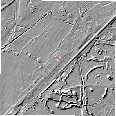 Shaded relief map of the ground around NG96BU, computed from Environment Agency LiDAR. The ground here sits at about 27 m above sea level and falls 6 m across the surrounding 800 m. The ground contributing surface water to this point lies to the north.