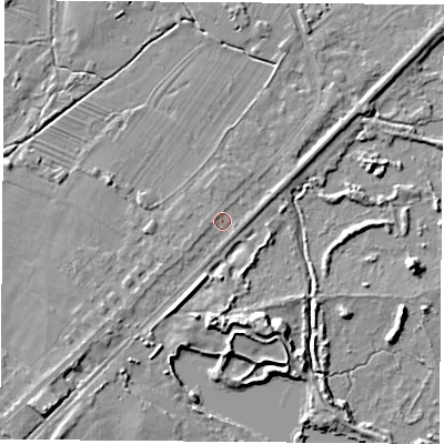 Shaded relief map of the ground around NG96BW, computed from Environment Agency LiDAR. The ground here sits at about 27 m above sea level and falls 7 m across the surrounding 800 m. Surface water reaching this point runs off ground lying to the south-west, 1.1 m higher.