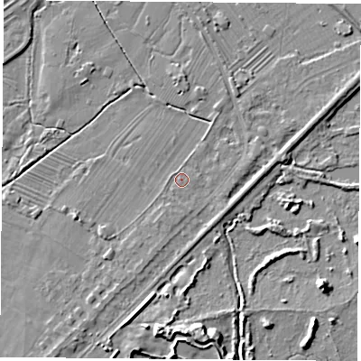Shaded relief map of the ground around NG96BX, computed from Environment Agency LiDAR. The ground here sits at about 27 m above sea level and falls 7 m across the surrounding 800 m. Surface water reaching this point runs off ground lying to the south-south-west, 0.8 m higher.