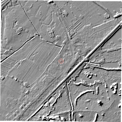 Shaded relief map of the ground around NG96BY, computed from Environment Agency LiDAR. The ground here sits at about 27 m above sea level and falls 7 m across the surrounding 800 m. Surface water reaching this point runs off ground lying to the south-west, 1.8 m higher.