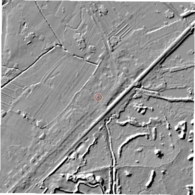 Shaded relief map of the ground around NG96BZ, computed from Environment Agency LiDAR. The ground here sits at about 27 m above sea level and falls 7 m across the surrounding 800 m. Surface water reaching this point runs off ground lying to the south-west, 1.6 m higher.