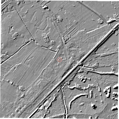Shaded relief map of the ground around NG96DA, computed from Environment Agency LiDAR. The ground here sits at about 27 m above sea level and falls 5 m across the surrounding 800 m. Surface water reaching this point runs off ground lying to the south-west, 1.8 m higher.