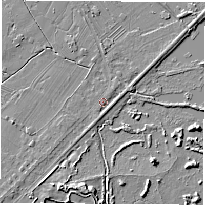 Shaded relief map of the ground around NG96DB, computed from Environment Agency LiDAR. The ground here sits at about 27 m above sea level and falls 7 m across the surrounding 800 m. Surface water reaching this point runs off ground lying to the south-west, 1.6 m higher.