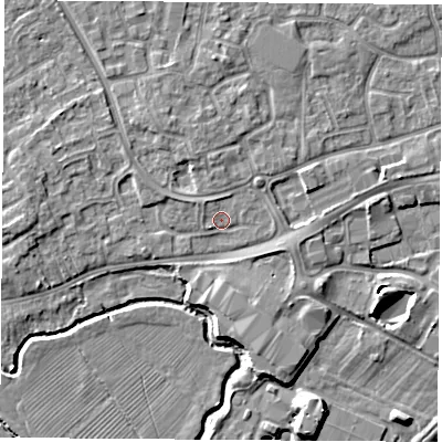 Shaded relief map of the ground around NG96DD, computed from Environment Agency LiDAR. The ground here sits at about 29 m above sea level and falls 8 m across the surrounding 800 m. Surface water reaching this point runs off ground lying to the south-south-east, 2.4 m higher.