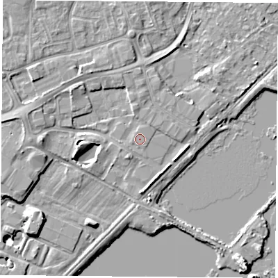 Shaded relief map of the ground around NG96DH, computed from Environment Agency LiDAR. The ground here sits at about 28 m above sea level and falls 10 m across the surrounding 800 m. Surface water reaching this point runs off ground lying to the west, 4.1 m higher.