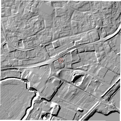 Shaded relief map of the ground around NG96DJ, computed from Environment Agency LiDAR. The ground here sits at about 29 m above sea level and falls 10 m across the surrounding 800 m. Surface water reaching this point runs off ground lying to the west, 1.6 m higher.