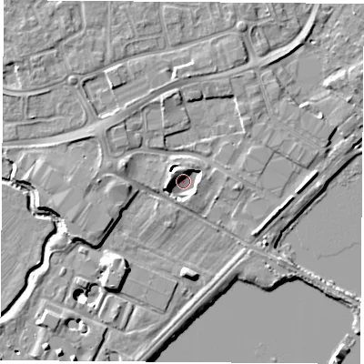 Shaded relief map of the ground around NG96DL, computed from Environment Agency LiDAR. The ground here sits at about 27 m above sea level and falls 10 m across the surrounding 800 m. Surface water reaching this point runs off ground lying to the west-north-west, 3.7 m higher.