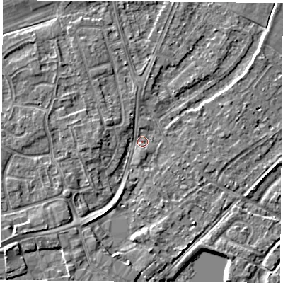 Shaded relief map of the ground around NG96DN, computed from Environment Agency LiDAR. The ground here sits at about 27 m above sea level and falls 4 m across the surrounding 800 m. Surface water reaching this point runs off ground lying to the west, 3.3 m higher.