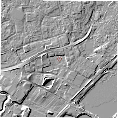 Shaded relief map of the ground around NG96DP, computed from Environment Agency LiDAR. The ground here sits at about 27 m above sea level and falls 6 m across the surrounding 800 m. Surface water reaching this point runs off ground lying to the west-south-west, 4.1 m higher.