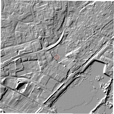 Shaded relief map of the ground around NG96DR, computed from Environment Agency LiDAR. The ground here sits at about 27 m above sea level and falls 6 m across the surrounding 800 m. Surface water reaching this point runs off ground lying to the west, 2.2 m higher.