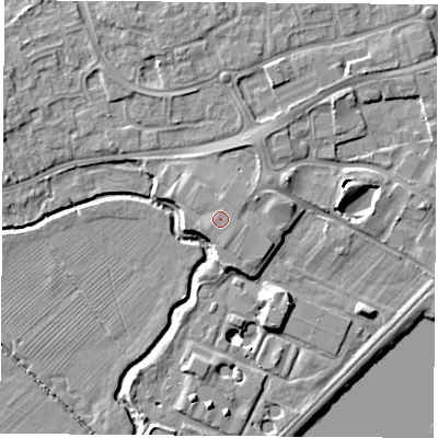 Shaded relief map of the ground around NG96DS, computed from Environment Agency LiDAR. The ground here sits at about 31 m above sea level and falls 10 m across the surrounding 800 m. The ground contributing surface water to this point lies to the south-west.