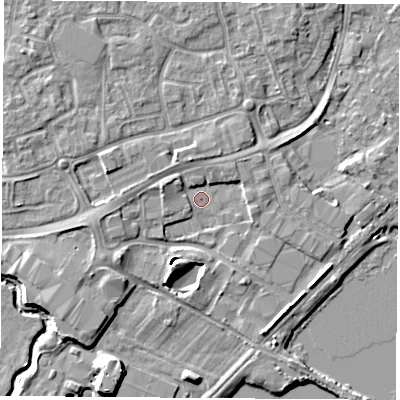 Shaded relief map of the ground around NG96DT, computed from Environment Agency LiDAR. The ground here sits at about 28 m above sea level and falls 8 m across the surrounding 800 m. Surface water reaching this point runs off ground lying to the south-west, 4.1 m higher.