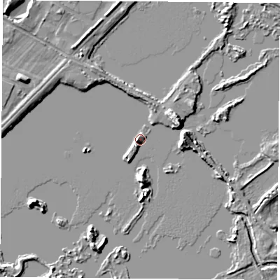 Shaded relief map of the ground around NG96DY, computed from Environment Agency LiDAR. The ground here sits at about 27 m above sea level and falls 6 m across the surrounding 800 m. Surface water reaching this point runs off ground lying to the west-south-west, 2.4 m higher.
