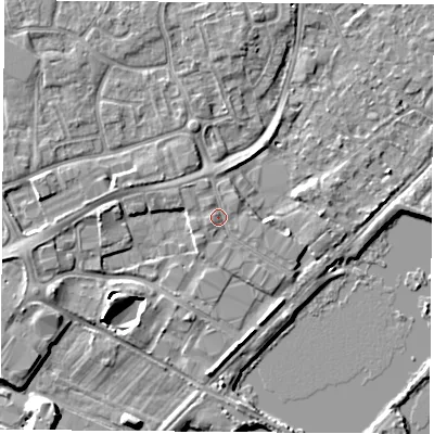 Shaded relief map of the ground around NG96DZ, computed from Environment Agency LiDAR. The ground here sits at about 29 m above sea level and falls 6 m across the surrounding 800 m. Surface water reaching this point runs off ground lying to the north-east, 0.8 m higher.