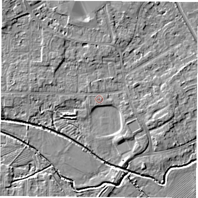 Shaded relief map of the ground around NG96EE, computed from Environment Agency LiDAR. The ground here sits at about 30 m above sea level and falls 7 m across the surrounding 800 m. Surface water reaching this point runs off ground lying to the north-west, 0.8 m higher.