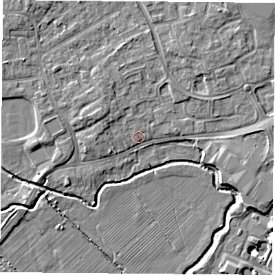 Shaded relief map of the ground around NG96EF, computed from Environment Agency LiDAR. The ground here sits at about 29 m above sea level and falls 9 m across the surrounding 800 m. Surface water reaching this point runs off ground lying to the east-south-east, 2.7 m higher.